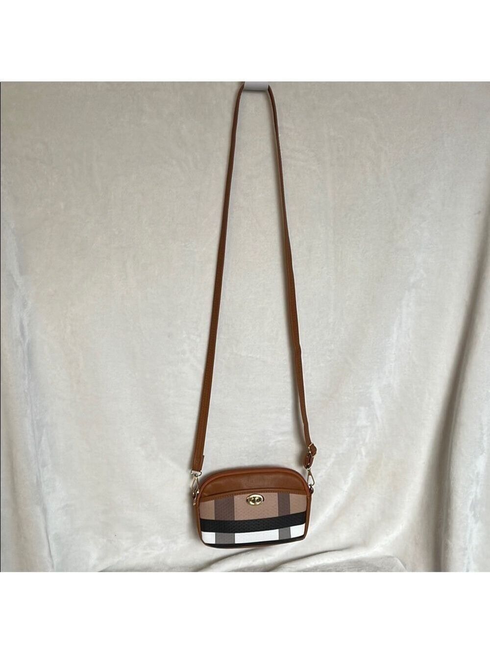 White and Tan Crossbody Bag with Adjustable Strap - Picture 8 of 8